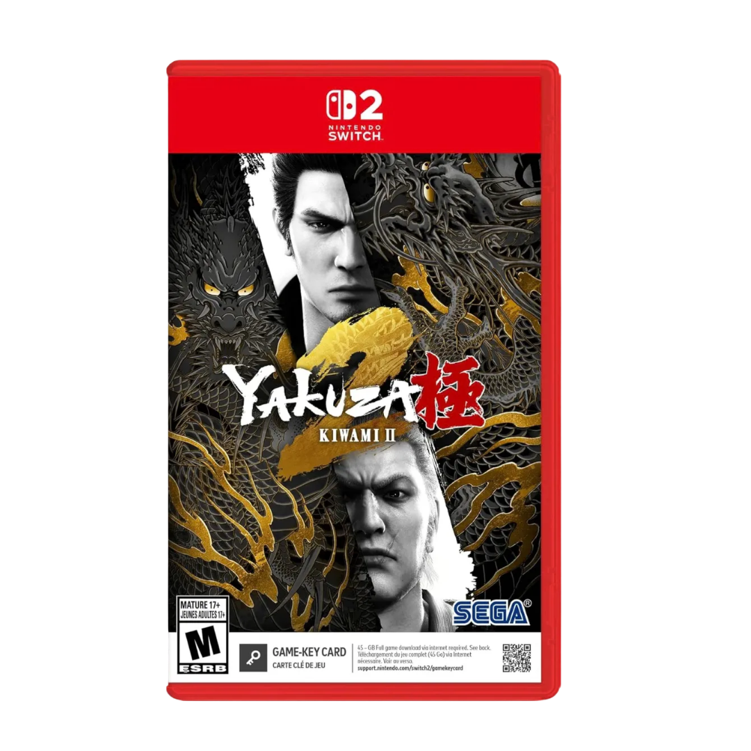 Yakuza Kiwami 2 game case for Nintendo Switch with red border and character images.